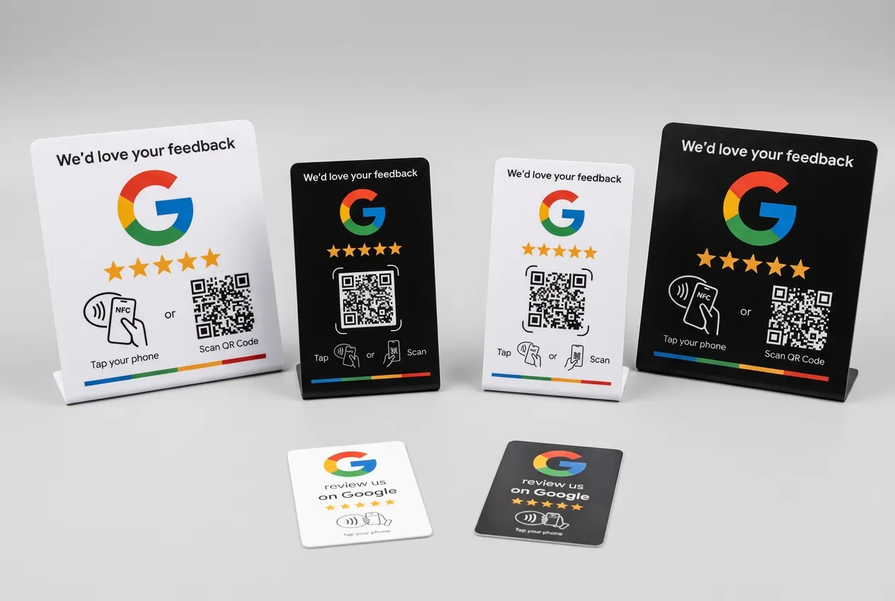 Black and white Google review cards and countertop stands with QR codes and NFC tap support